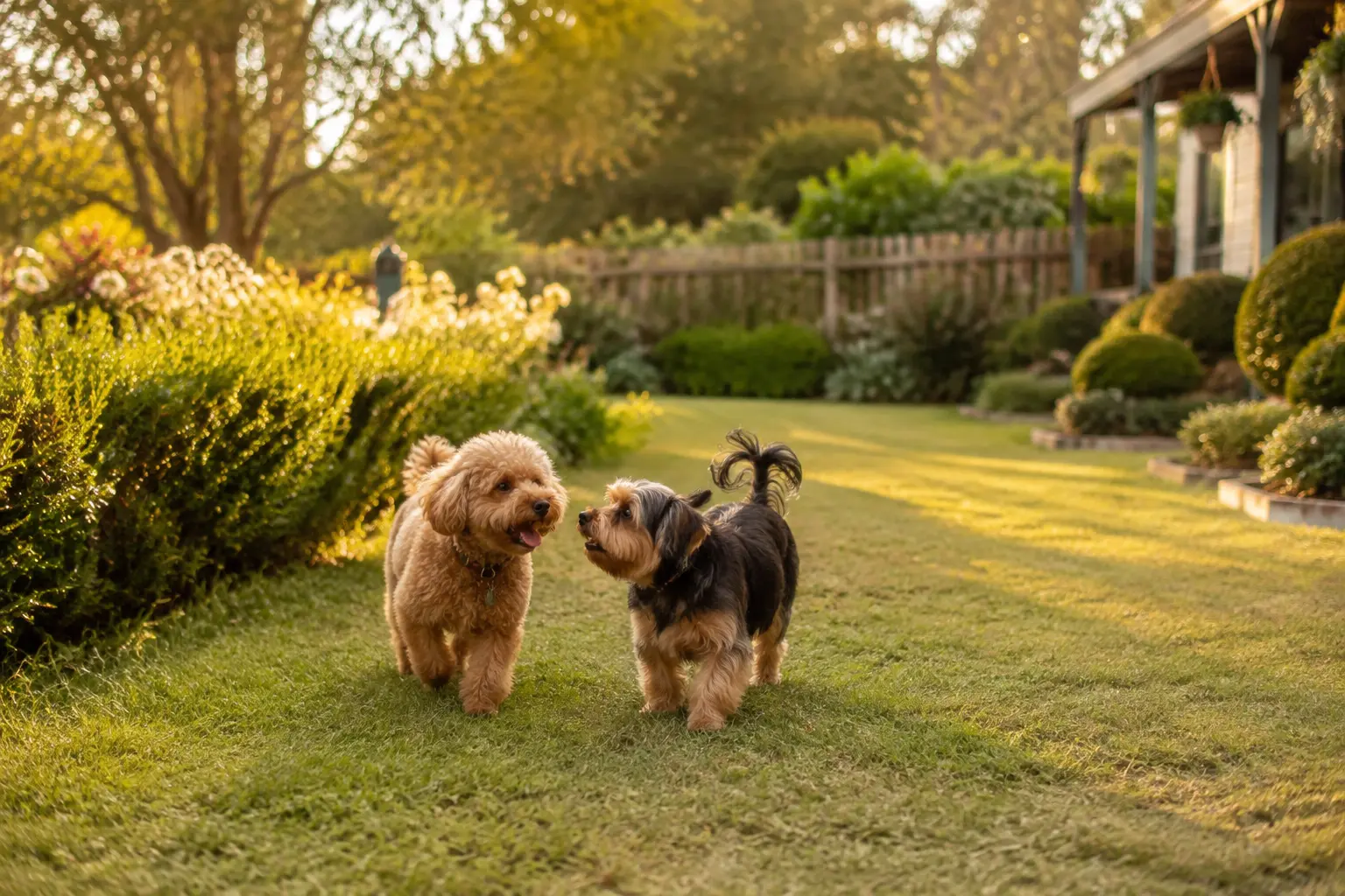 Two little dogs enjoying a secure country garden