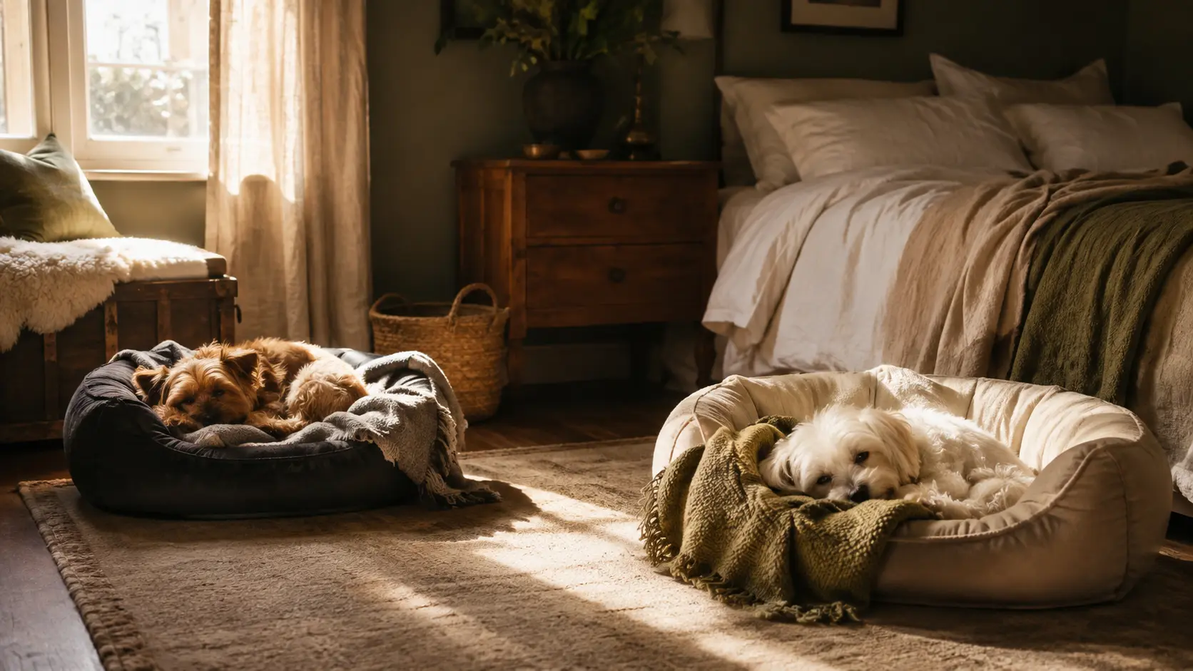 Two small dogs resting in soft beds at home